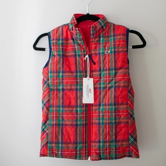 NWT Girls Vineyard Vines Red Vest Size Med Red/Plaid Reversible - Picture 5 of 6